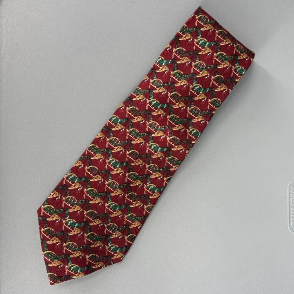 Vintage Salvatore Ferragamo Men's Hunting Horn Silk Tie Red Novelty 3.5